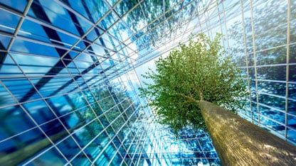 AI image of modern business building with tree and sky.